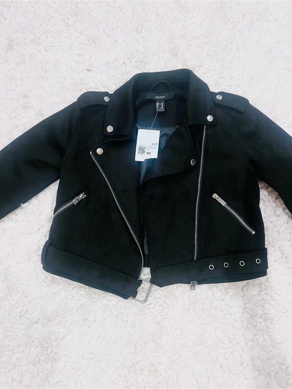 Forever 21 Black Faux Suede Cropped Biker Jacket with Silver Hardware
